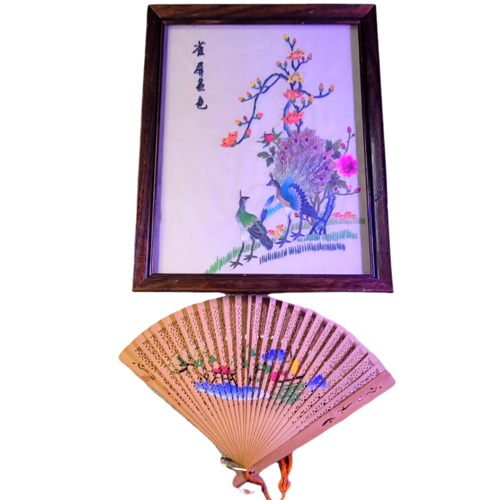 Vintage Chinese silk embroidery panel depicting two peacocks and painted…